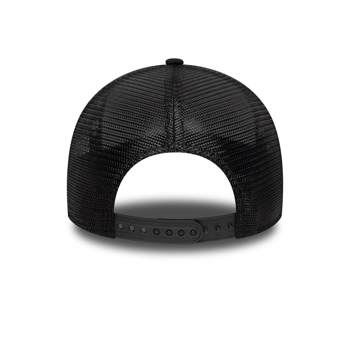 New Era Graphic Black 9FORTY M-Crown A-Frame Trucker Cap, rear view showing the black mesh back panels and adjustable snapback closure, with a top button and a slight curve to the visor.