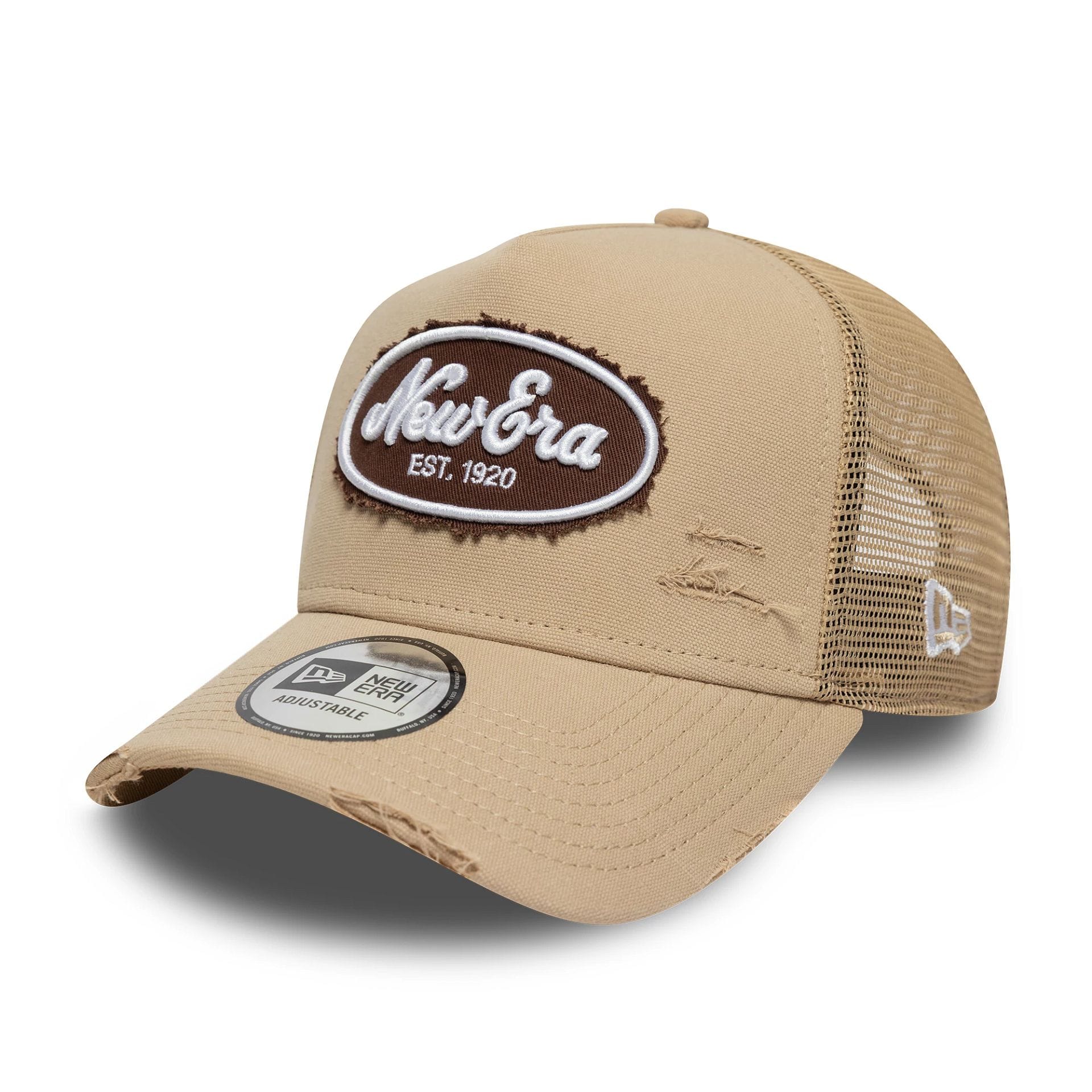 Pictured is this New Era Canvas Distressed 9FORTY A-Frame Trucker in light beige. 1