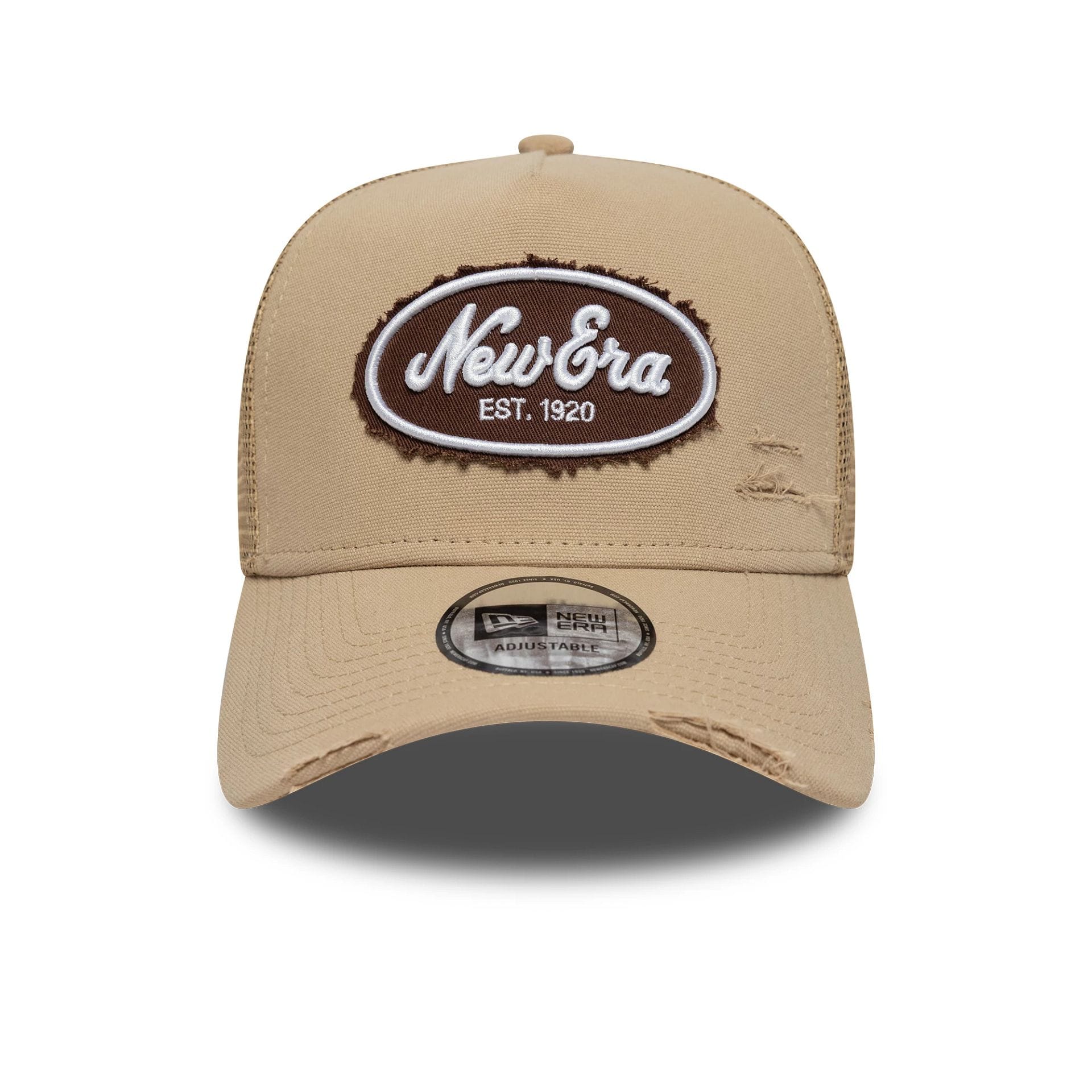 Pictured is this New Era Canvas Distressed 9FORTY A-Frame Trucker in light beige. 2