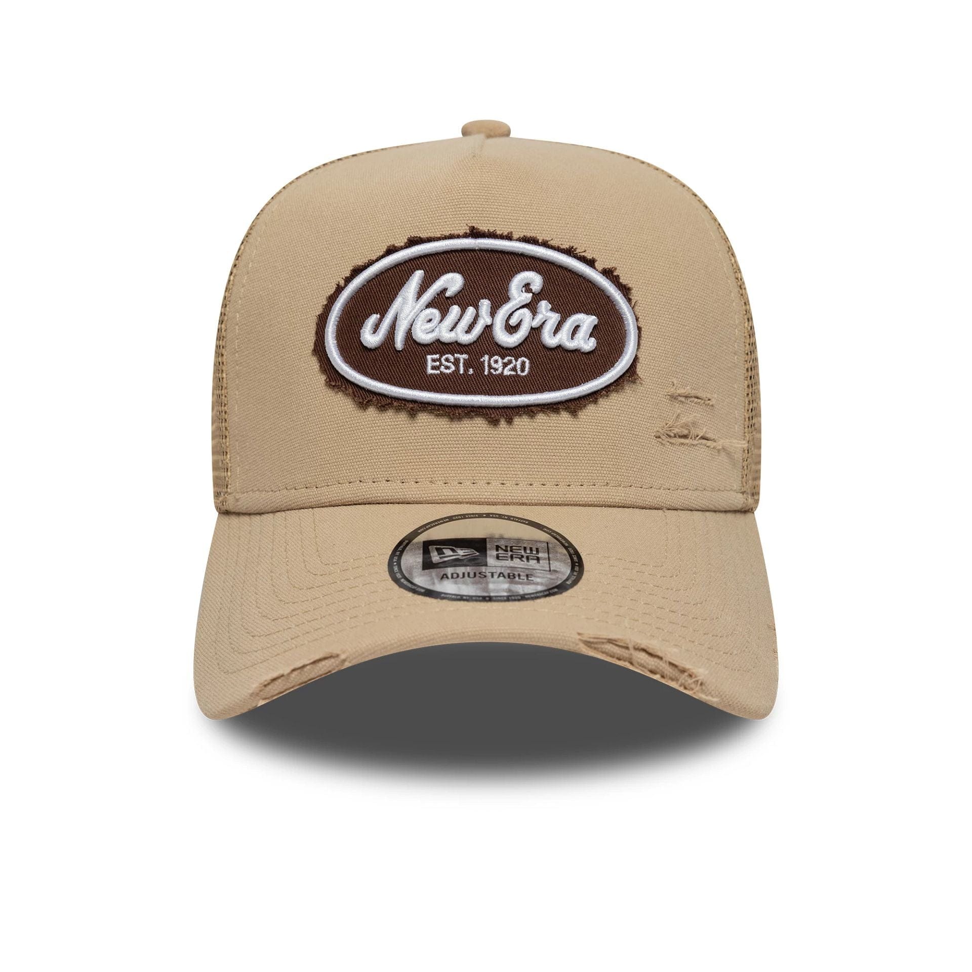 Pictured is this New Era Canvas Distressed 9FORTY A-Frame Trucker in light beige. 2