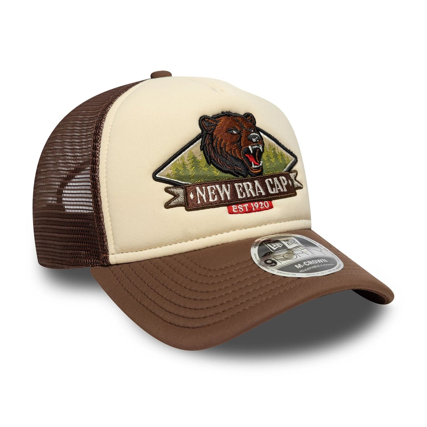 Pictured is this New Era Graphic 9FORTY M-Crown A-Frame Trucker in light beige. 3