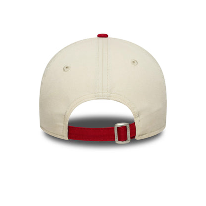 New York Yankees MLB Mini Logo Red New Era 9TWENTY Cap, rear view showing a curved beige crown with eyelets, a red top button, and a red adjustable strap with a silver buckle for custom fitting.