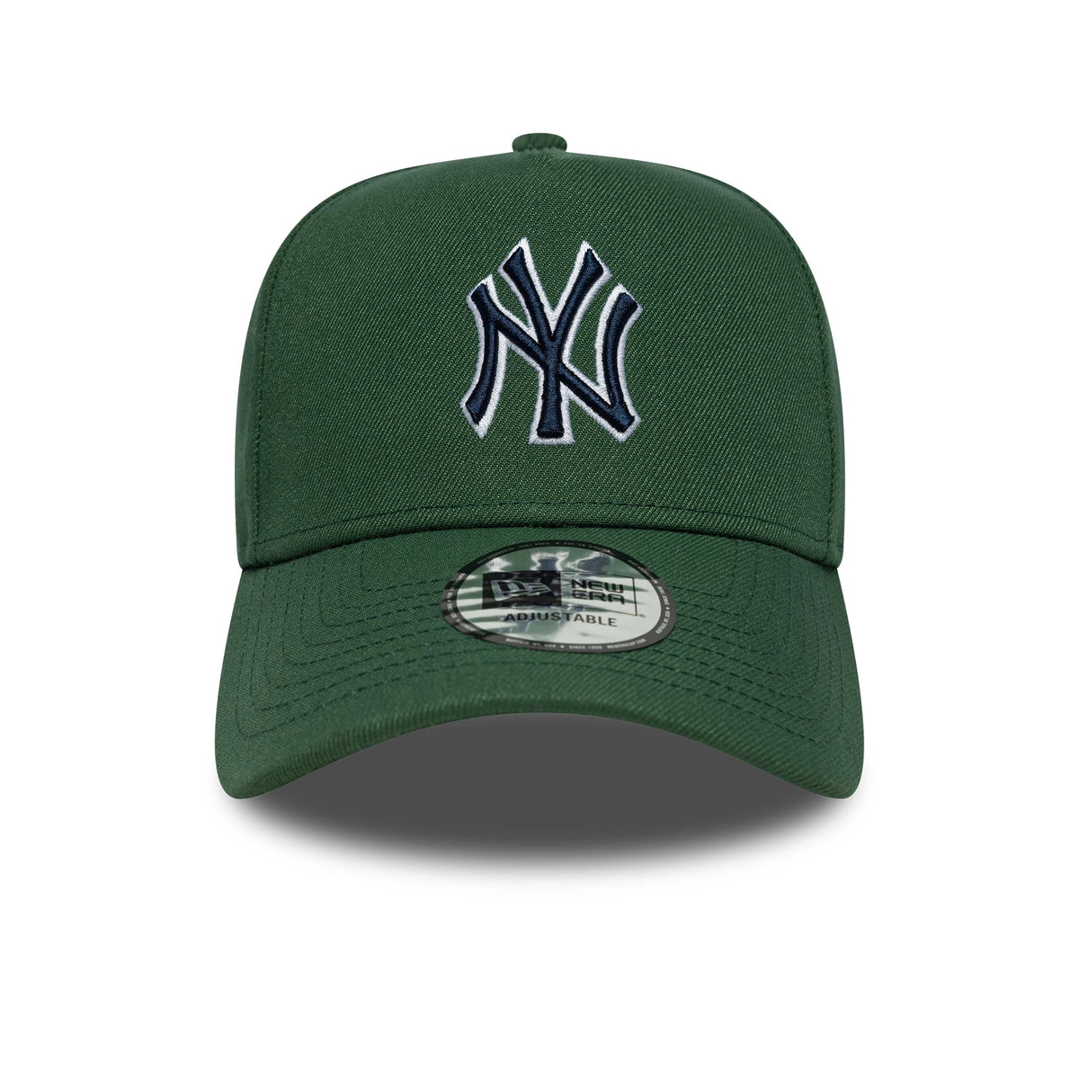 New York Yankees MLB Outline Script Dark Green New Era 9FORTY E-Frame Cap, front view showing the raised white-outlined navy NY logo on the mid-green structured crown with matching visor and 9FORTY size sticker on the visor.