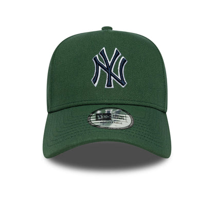 New York Yankees MLB Outline Script Dark Green New Era 9FORTY E-Frame Cap, front view showing the raised white-outlined navy NY logo on the mid-green structured crown with matching visor and 9FORTY size sticker on the visor.