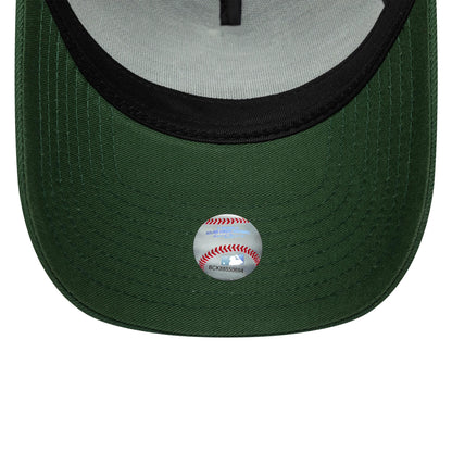 New York Yankees MLB Outline Script Dark Green New Era 9FORTY E-Frame Cap, inside view showing a grey undervisor with a detachable sticker featuring a baseball design, black sweatband and grey internal taping.