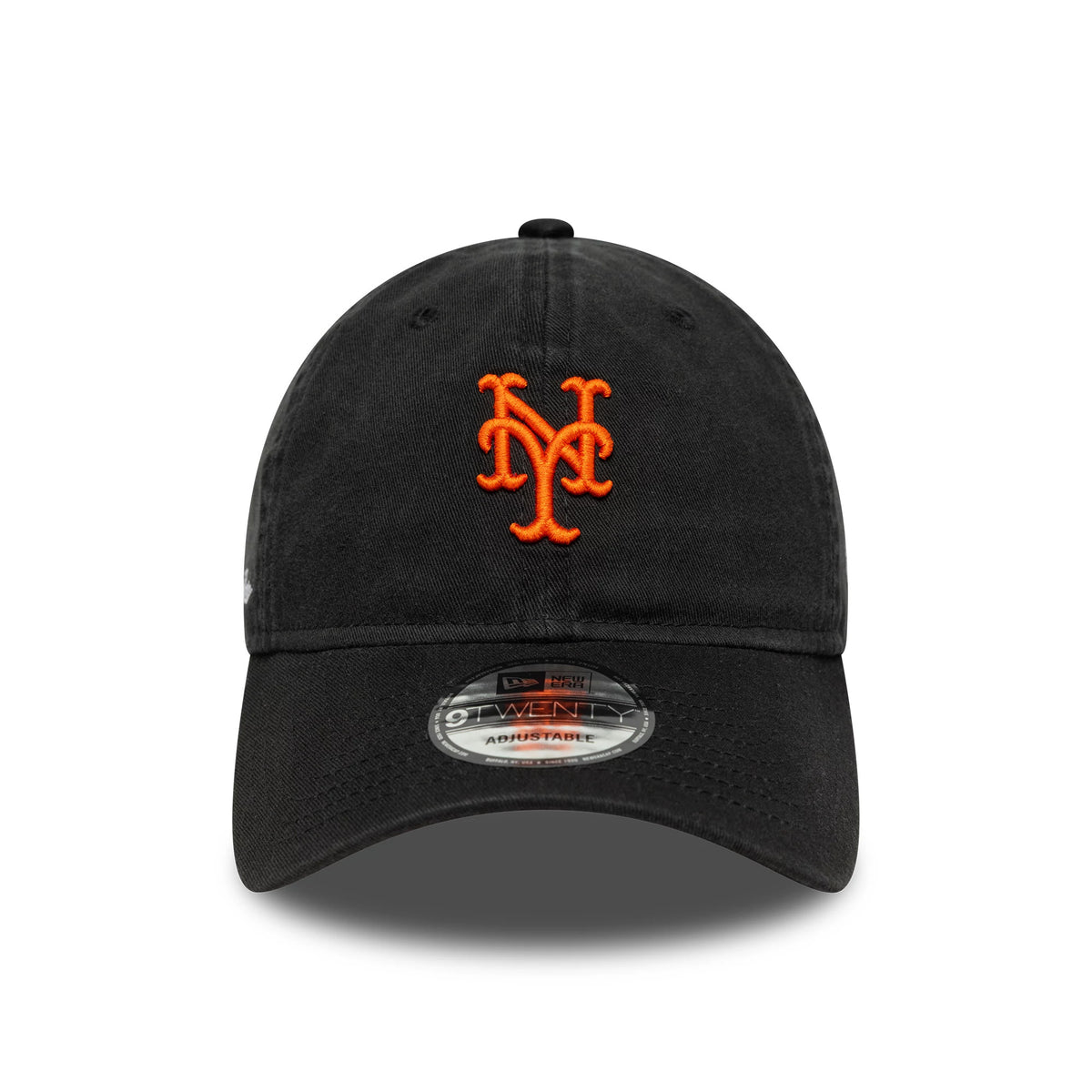 New York Mets MLB Washed Script Black New Era 9TWENTY Cap, front view showing an orange raised embroidered NY Mets logo on the unstructured black crown with a curved visor and 9TWENTY size sticker.