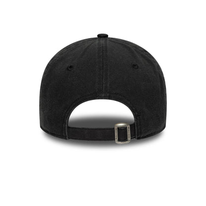 New York Mets MLB Washed Script Black New Era 9TWENTY Cap, rear view showing the washed black fabric, an adjustable strap with a buckle, and a curved visor on the relaxed unstructured crown.