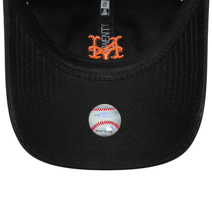 New York Mets MLB Washed Script Black New Era 9TWENTY Cap, inside view showing black taping with New Era branding and an orange Mets logo embroidered on the black sweatband, featuring a baseball-patterned sticker on the black undervisor.