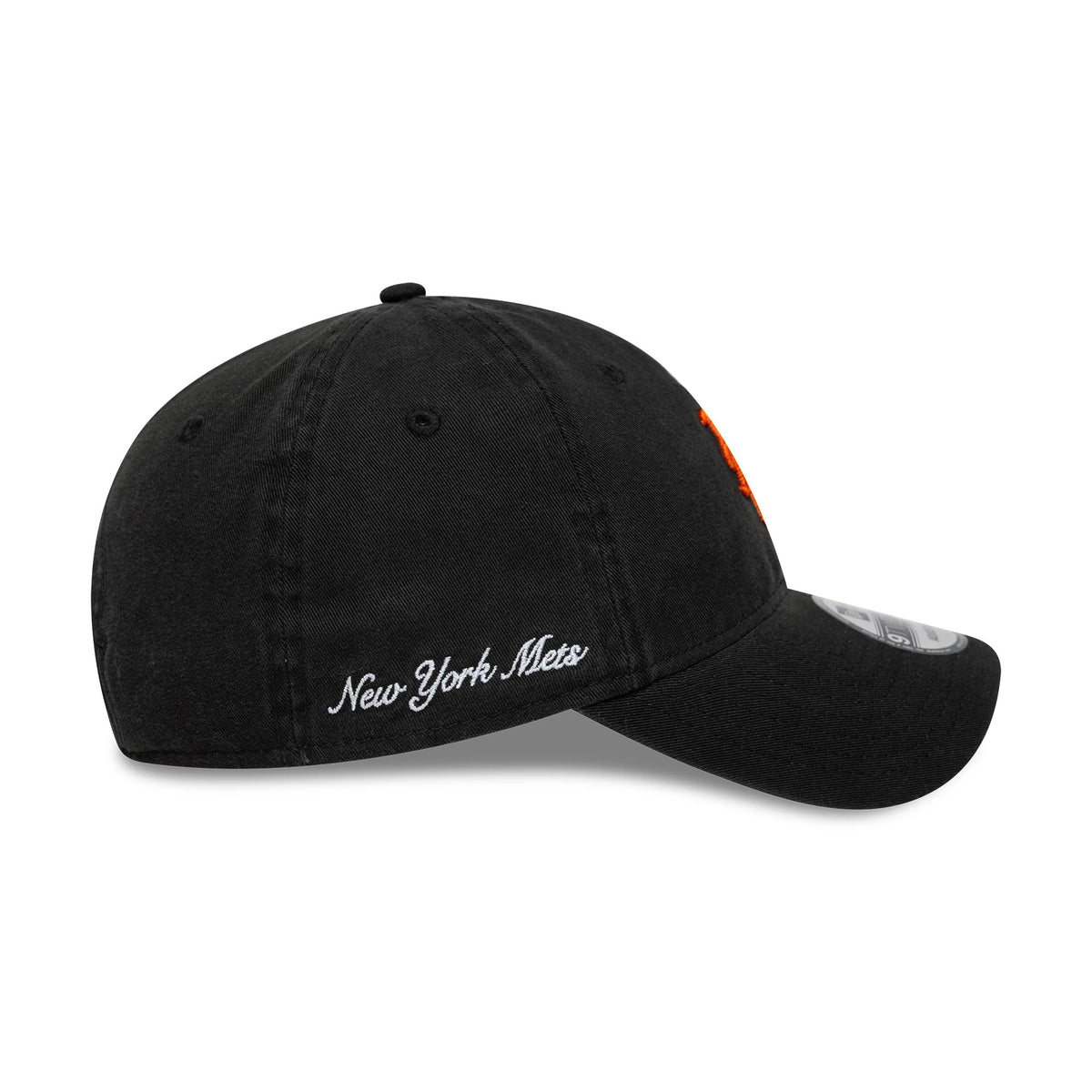 New York Mets MLB Washed Script Black New Era 9TWENTY Cap, three-quarter view showing white embroidered New York Mets script on the side and an orange logo on the front panel, with a curved black visor and a 9TWENTY size sticker.