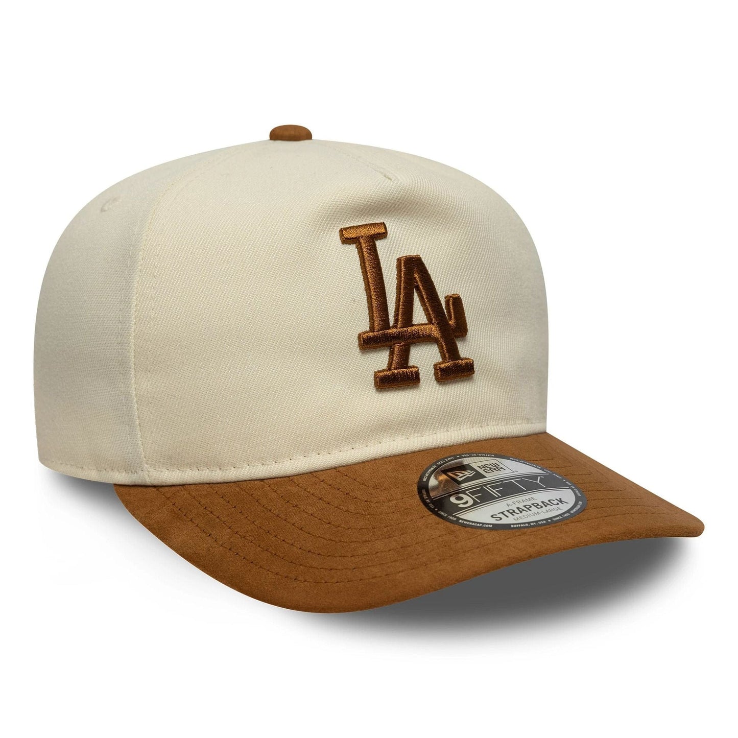 Pictured is this MLB Suede Visor LA Dodgers 9FIFTY A-Frame Snapback in light beige. 3