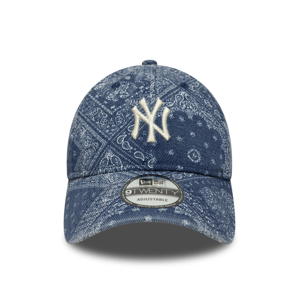 New York Yankees MLB Washed Paisley Navy New Era 9TWENTY Cap, front view showing the white raised embroidered NY logo on the navy paisley-patterned crown with a 9TWENTY size sticker on the curved visor.