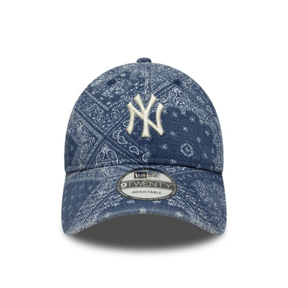 New York Yankees MLB Washed Paisley Navy New Era 9TWENTY Cap, front view showing the white raised embroidered NY logo on the navy paisley-patterned crown with a 9TWENTY size sticker on the curved visor.