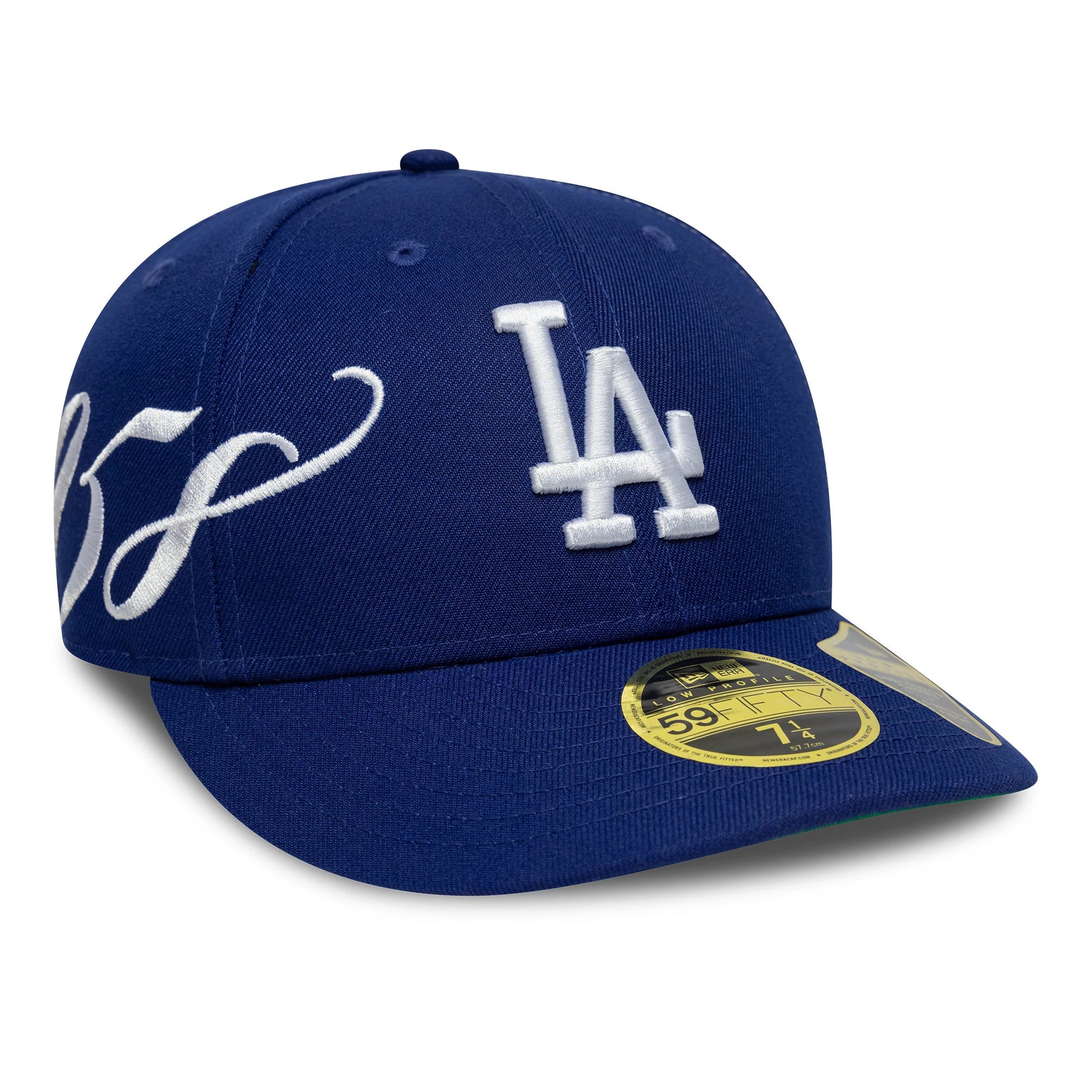 Pictured is this MLB Est Script LA Dodgers Low Profile 59FIFTY Fitted in dark blue. 1