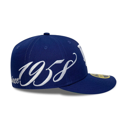 Pictured is this MLB Est Script LA Dodgers Low Profile 59FIFTY Fitted in dark blue. 2
