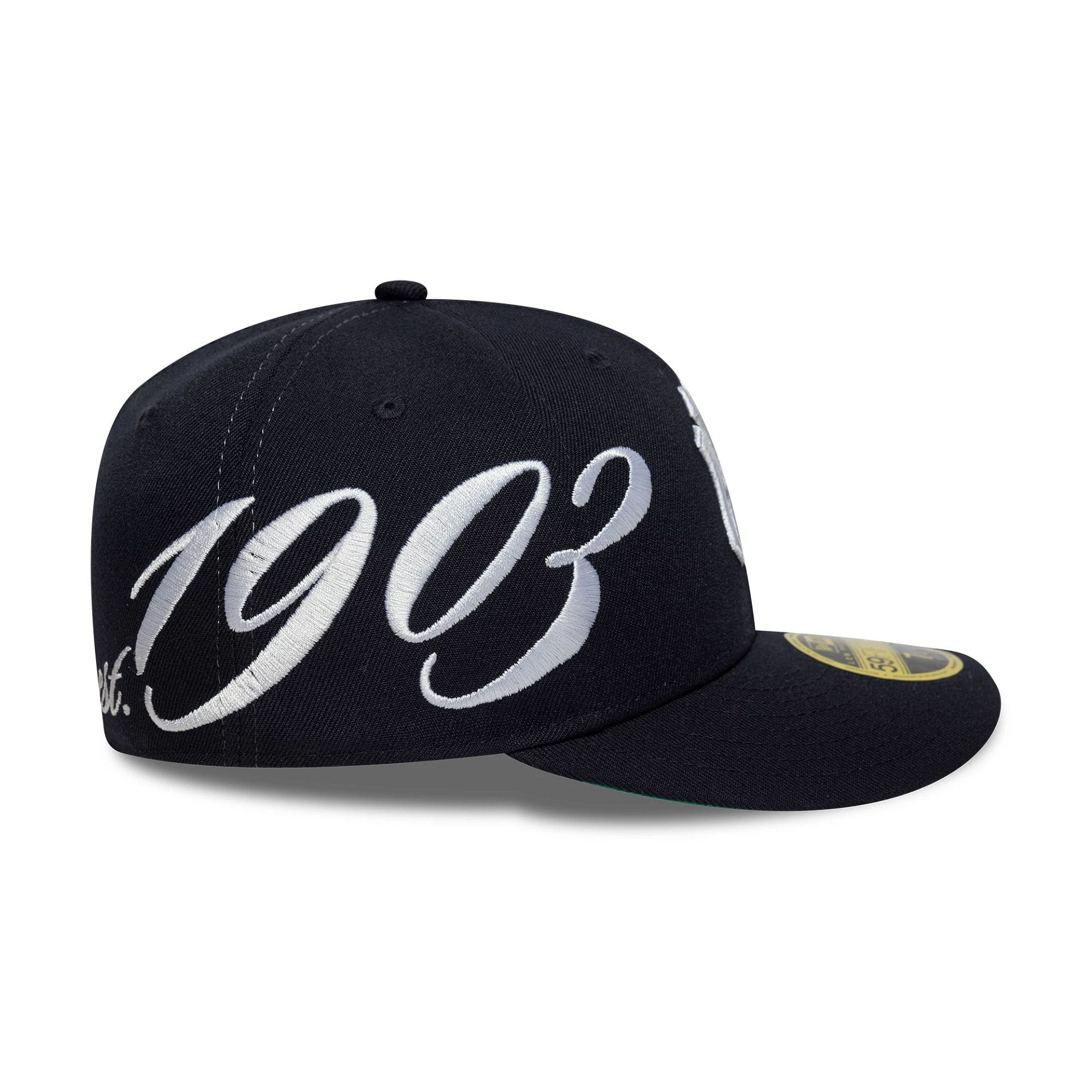Pictured is this MLB Est Script New York Yankees Low Profile 59FIFTY Fitted in navy. 2