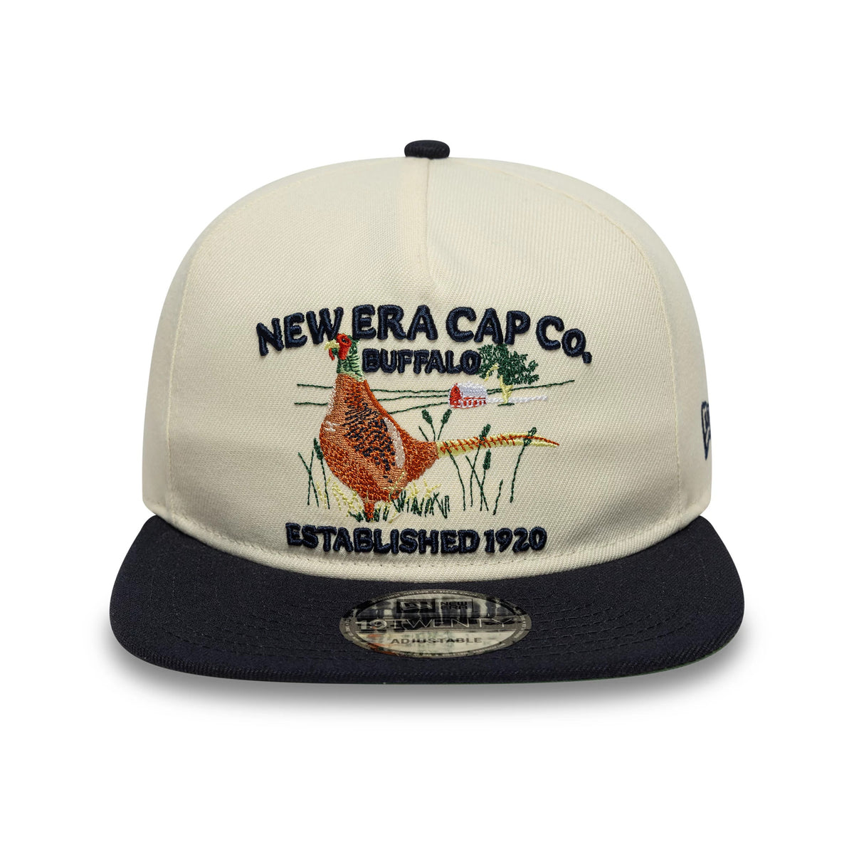 New Era Outdoor Graphic Light Beige New Era 19TWENTY Adjustable Cap, front view showing raised embroidery with a pheasant and landscape design on the front panel, black visor with a 19TWENTY size sticker, and a black top button.