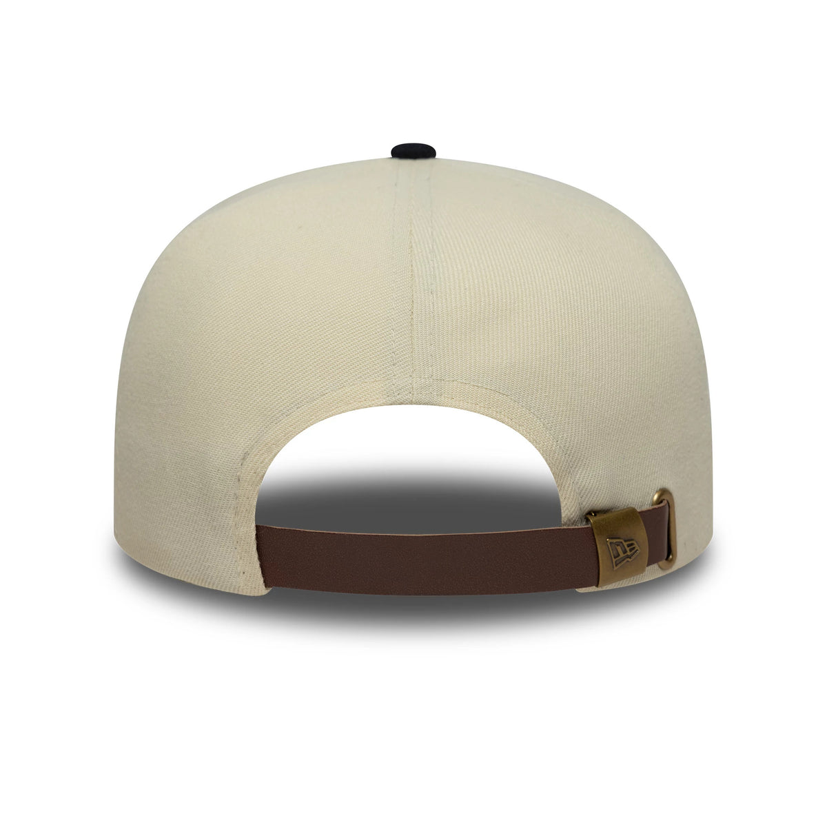 New Era Outdoor Graphic Light Beige 19TWENTY Adjustable Cap, rear view showing the light beige crown with a black top button and a brown leather strap featuring a bronze buckle embossed with the New Era logo.