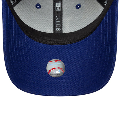 LA Dodgers MLB Side Patch Dark Blue New Era 9FORTY Cap, inside view showing the grey sweatband, black New Era taping, grey fabric with blue eyelet accents, and the official MLB holographic sticker on the dark blue undervisor.