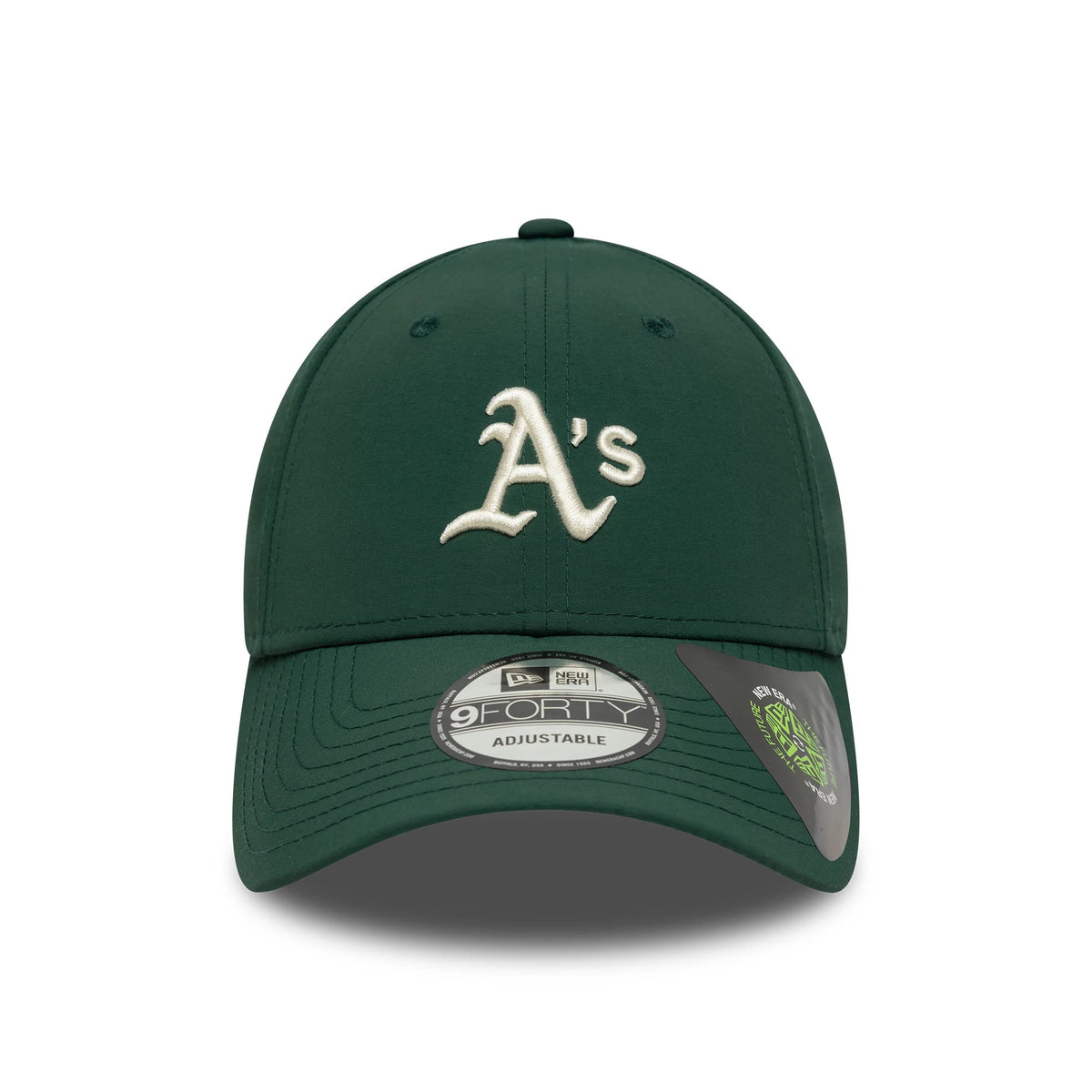 Athletics MLB Recycled Midi Dark Green New Era 9FORTY Cap, front view showing a white embroidered A's logo on the front panel, with a matching dark green curved visor and a 9FORTY size sticker.