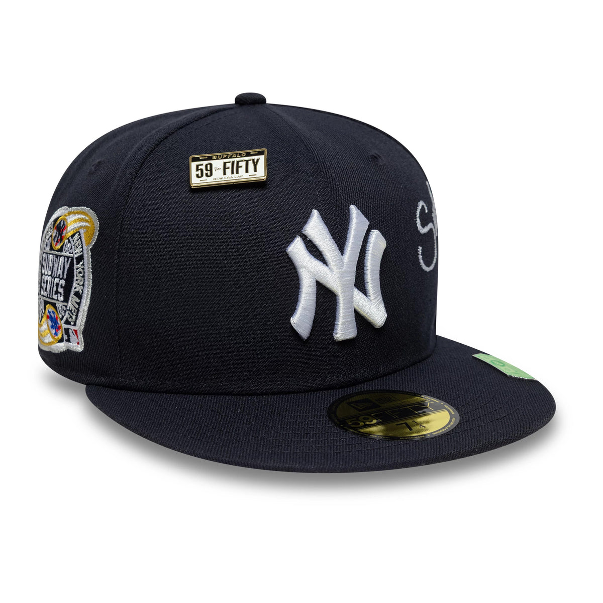 New York Yankees MLB Subway Series Navy New Era 59FIFTY Fitted Cap, front view showing raised white NY logo on the front panel, Subway Series embroidered patch on the right side, and a gold 59FIFTY size sticker on the flat navy visor.