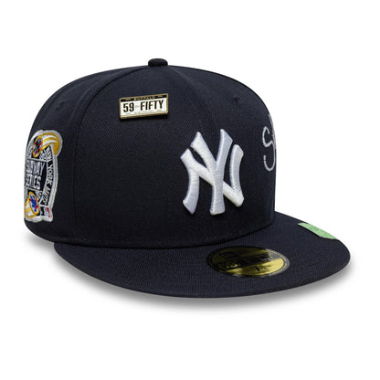 New York Yankees MLB Subway Series Navy New Era 59FIFTY Fitted Cap, front view showing raised white NY logo on the front panel, Subway Series embroidered patch on the right side, and a gold 59FIFTY size sticker on the flat navy visor.