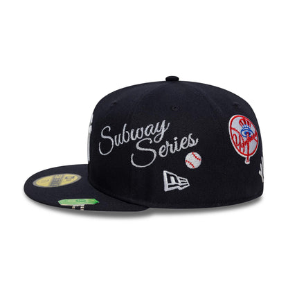New York Yankees MLB Subway Series Navy New Era 59FIFTY Fitted Cap, side view featuring raised Subway Series script, New Era flag logo, baseball graphic, Yankees logo on the front panel, and gold 59FIFTY size sticker on the flat visor.