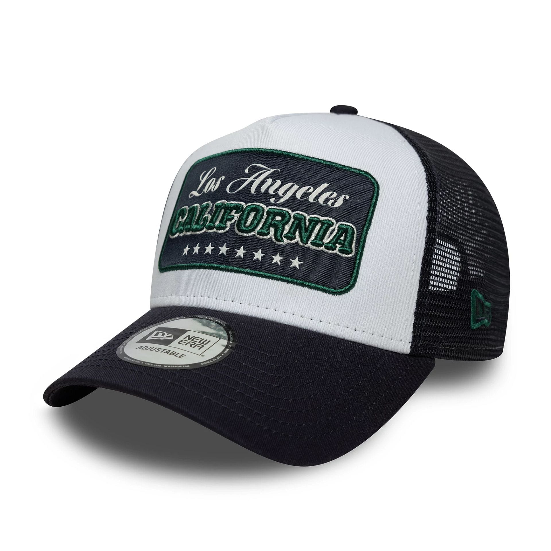Pictured is this New Era Location Patch 9FORTY A-Frame Trucker in navy. 1