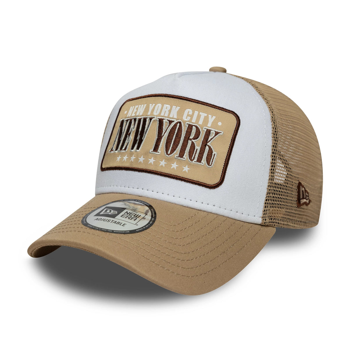 Pictured is this New Era Location Patch 9FORTY A-Frame Trucker in light beige. 1
