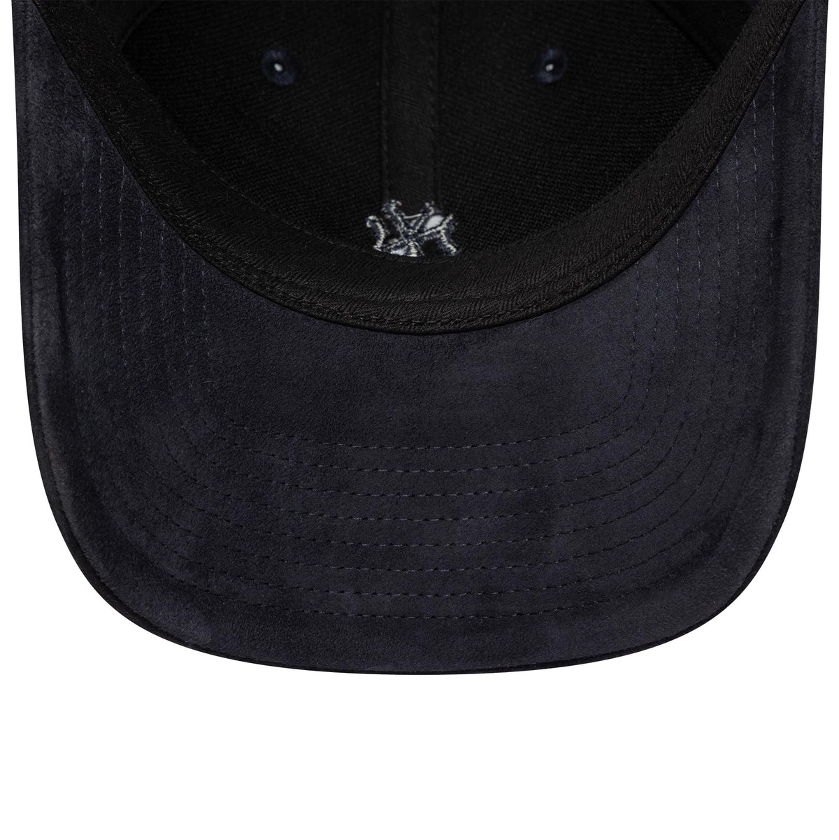 New York Yankees MLB Suede Navy New Era 9TWENTY Cap, inside view showing a navy suede visor, black sweatband, and a grey embroidered Yankees logo on black taping, with navy eyelets.