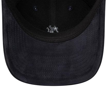 New York Yankees MLB Suede Navy New Era 9TWENTY Cap, inside view showing a navy suede visor, black sweatband, and a grey embroidered Yankees logo on black taping, with navy eyelets.