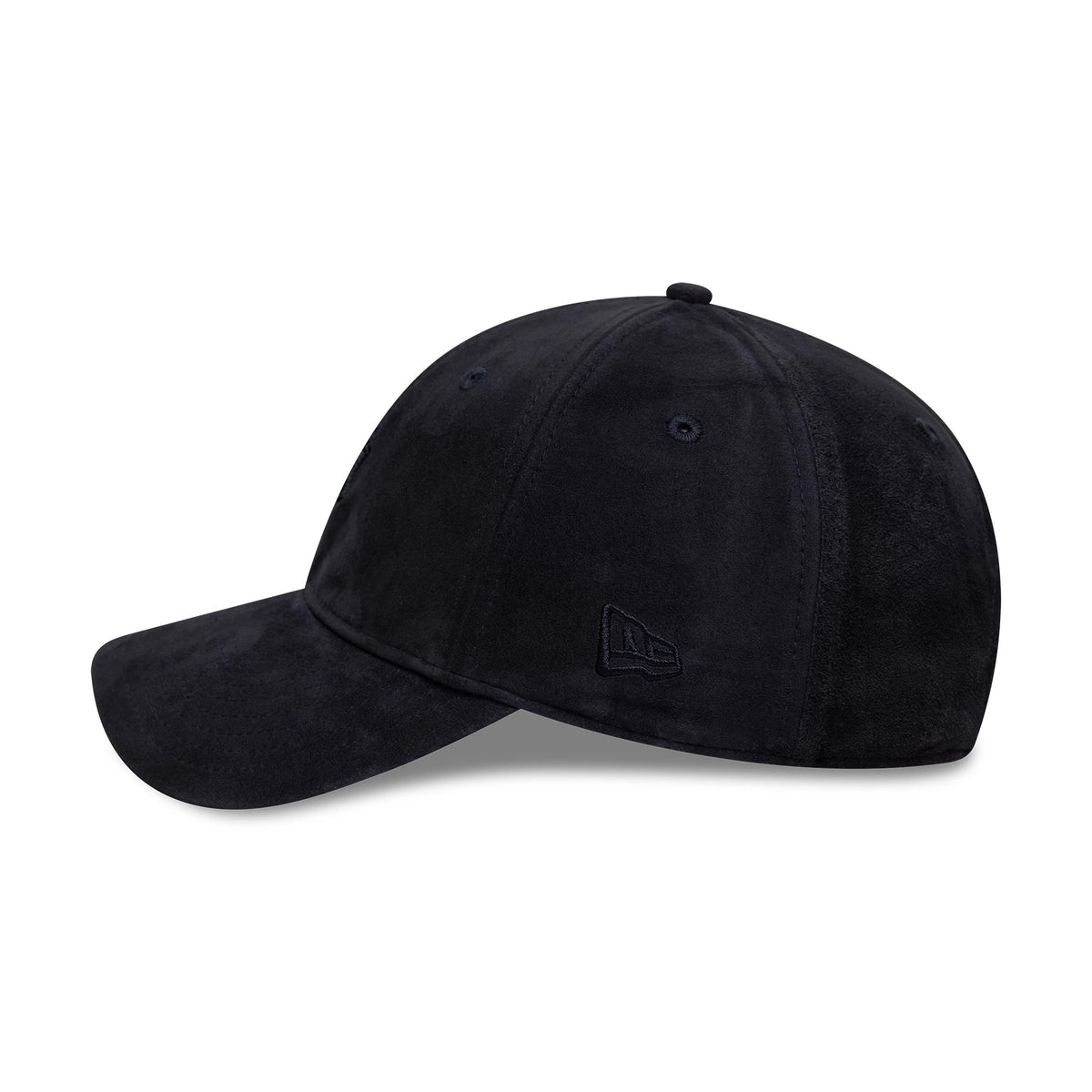 New York Yankees MLB Suede Navy New Era 9TWENTY Cap, three-quarter view showing the embroidered New Era flag logo on the left side of the soft navy suede crown with matching eyelets and curved visor.