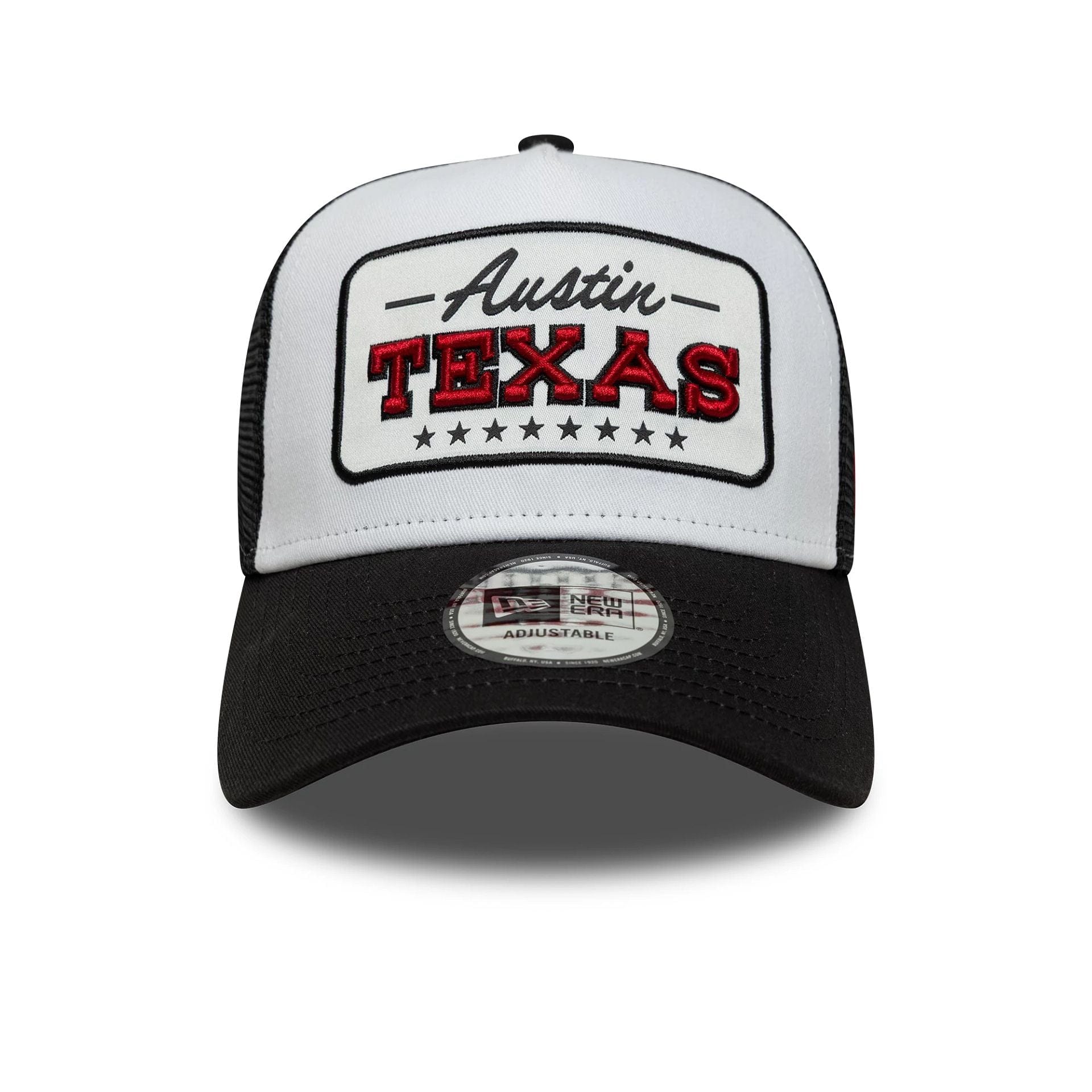 Pictured is this New Era Location Patch 9FORTY A-Frame Trucker in black. 2