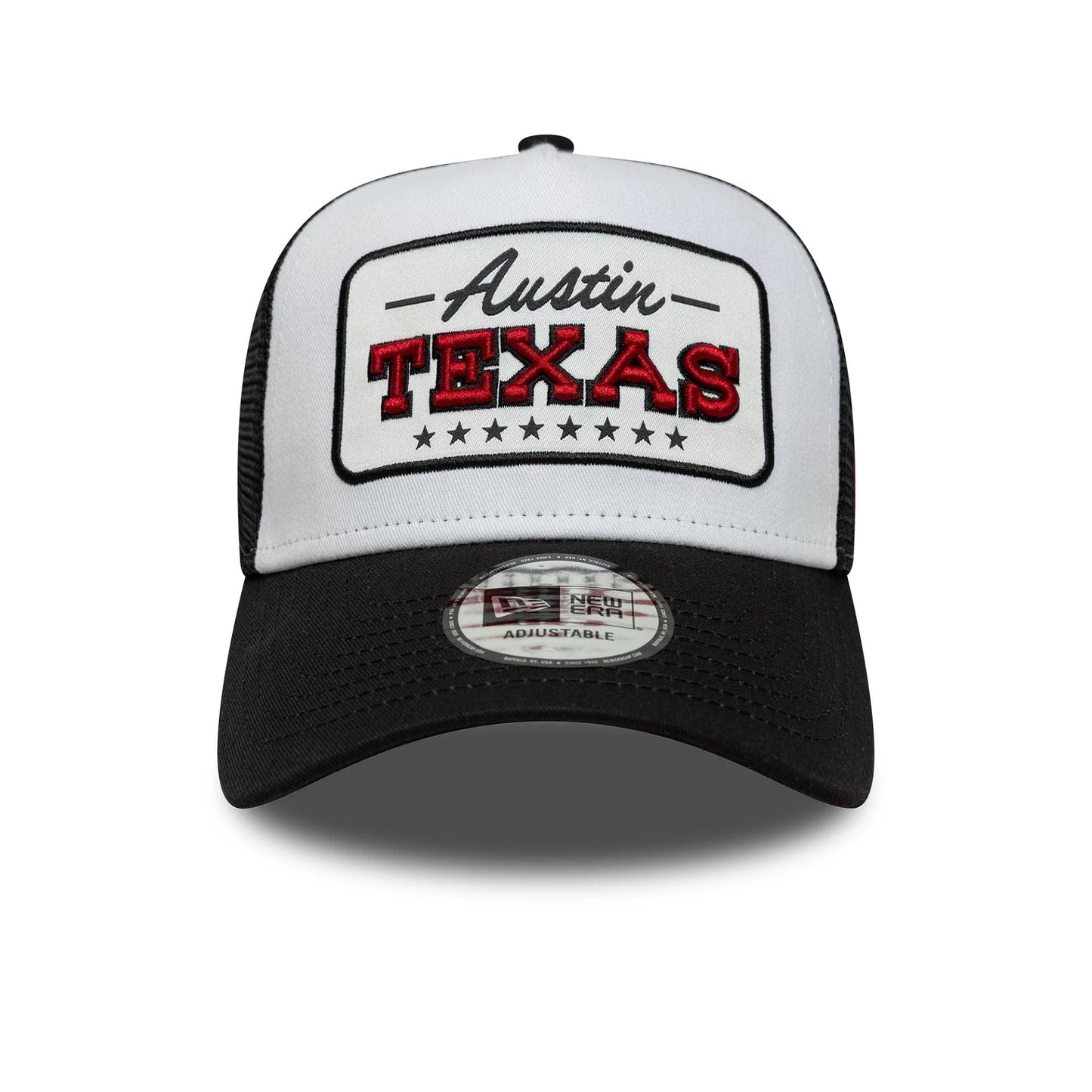 Pictured is this New Era Location Patch 9FORTY A-Frame Trucker in black. 2