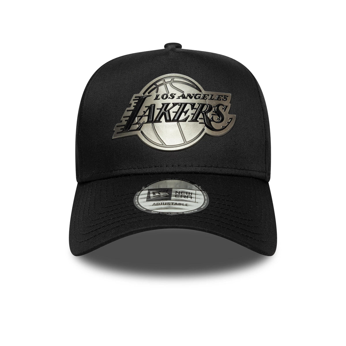 LA Lakers NBA Metallic Black New Era 9FORTY E-Frame Cap, front view showing the silver embroidered Lakers logo on the structured black crown with a matching black curved visor and 9FORTY size sticker on the visor.