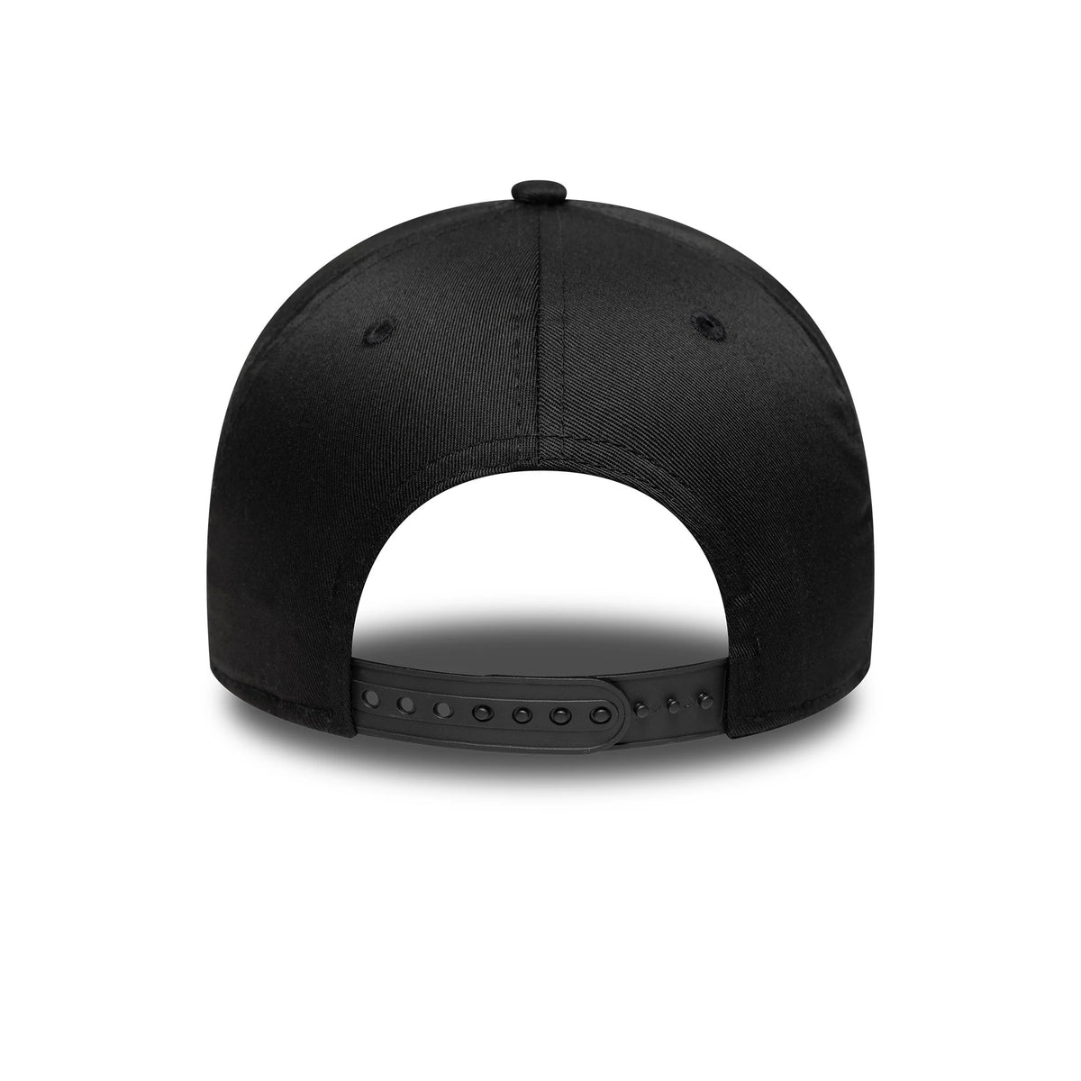 LA Lakers NBA Metallic Black New Era 9FORTY E-Frame Cap, rear view showing a black adjustable snap closure on the structured black crown, with matching black eyelets and top button.