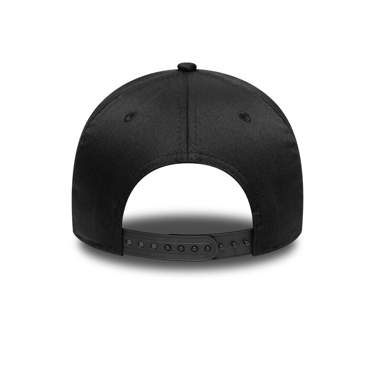 Chicago Bulls NBA Metallic Black New Era 9FORTY E-Frame Cap, rear view showing the structured black crown with stitching and an adjustable black snap closure at the back, beneath the top button.