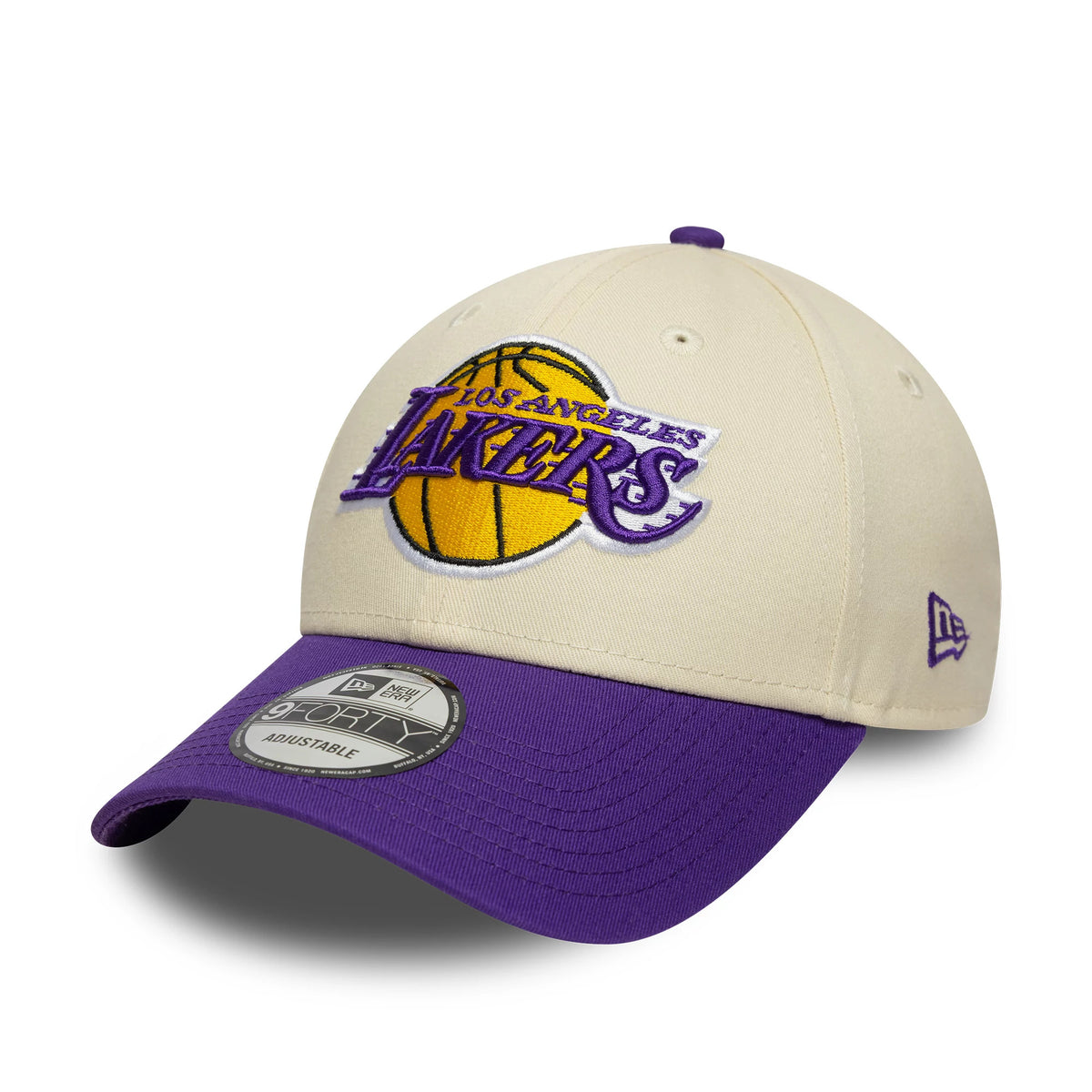LA Lakers NBA Colour Block Cream New Era 9FORTY Cap, front view showing the yellow and purple embroidered Lakers logo on the cream front panel, with a purple curved visor and 9FORTY size sticker, and a purple New Era flag logo on the left side.