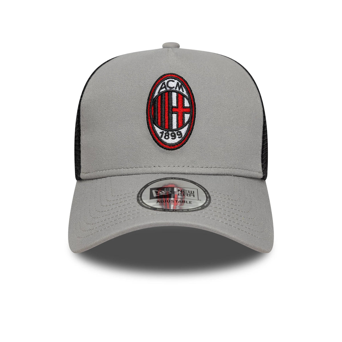 AC Milan Patch Grey New Era 9FORTY A-Frame Trucker Cap, front view showing a red and black embroidered AC Milan logo on the structured grey crown, with a curved grey visor and a 9FORTY size sticker.
