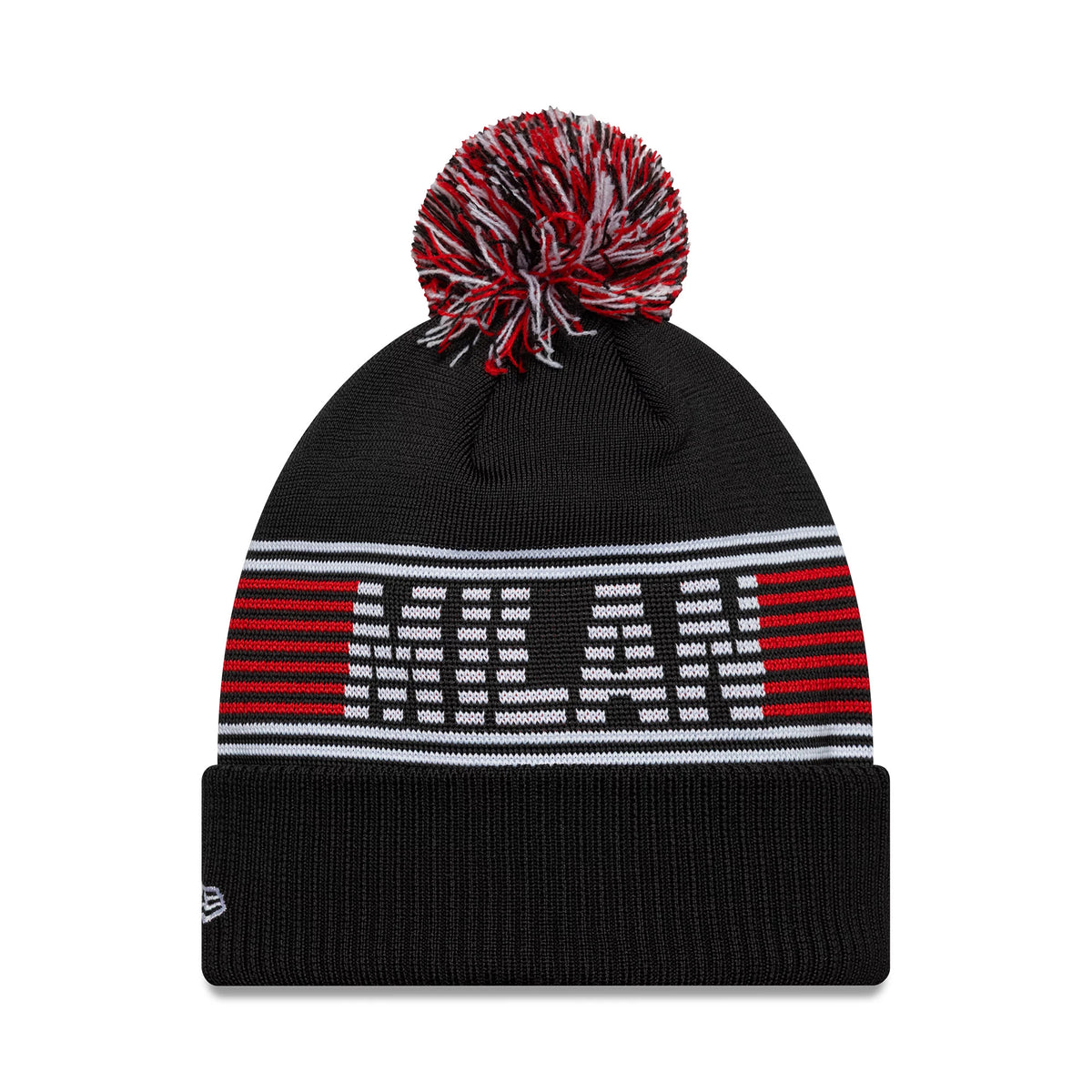 New Era AC Milan Black Bobble Knit Beanie Hat, front view showing the AC Milan text in white and red on a black background with red and white striped accents and a multicoloured bobble on top, New Era flag logo on the cuff.