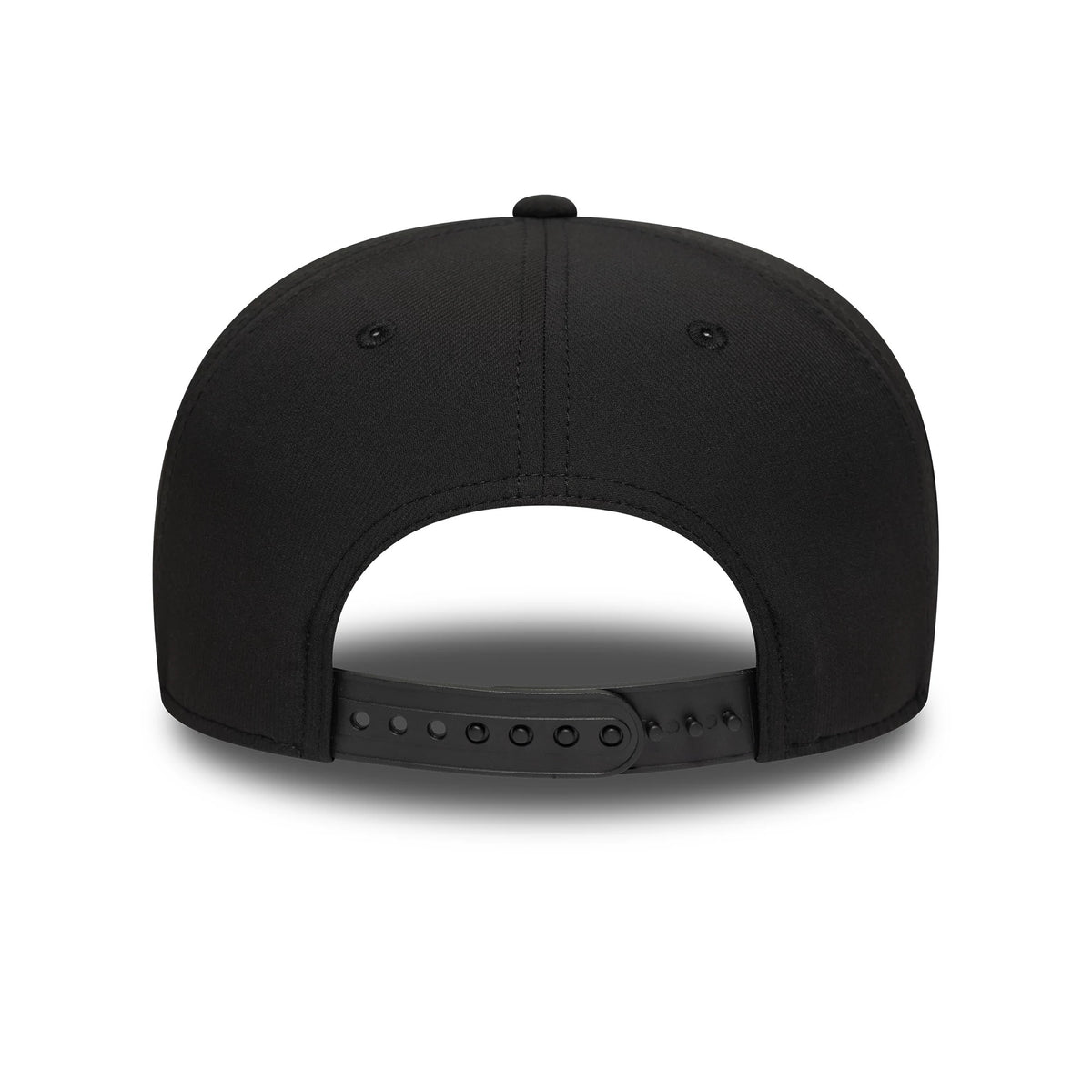 New Era Technical Black 9SEVENTY Stretch Snap Adjustable Cap, rear view showing the adjustable snap closure and black construction with black eyelets, highlighting the structured back panels and top button detail.