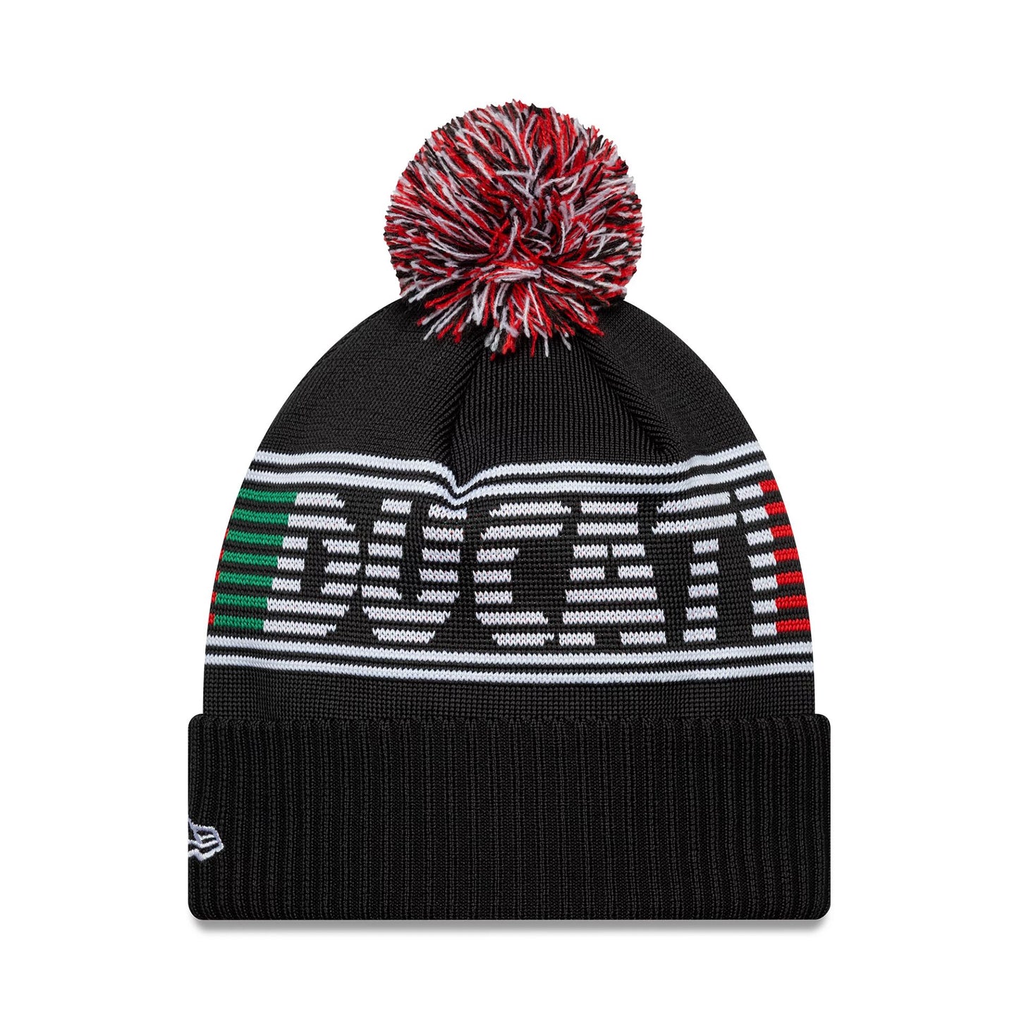 Pictured is this Ducati Motor Logo Bobble Knit Beanie in black. 2