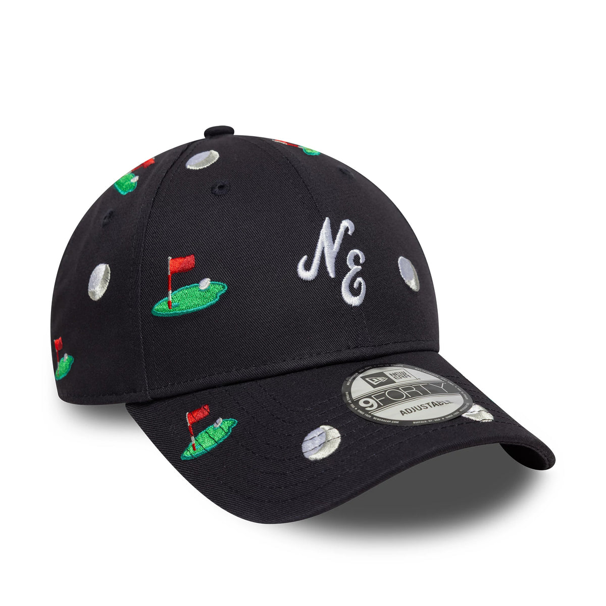 New Era All Over Print Navy 9FORTY M-Crown Adjustable Cap, three-quarter view showing the embroidered white NE logo on the front panel, with motifs of golf greens and golf balls, and a 9FORTY size sticker on the black curved visor.