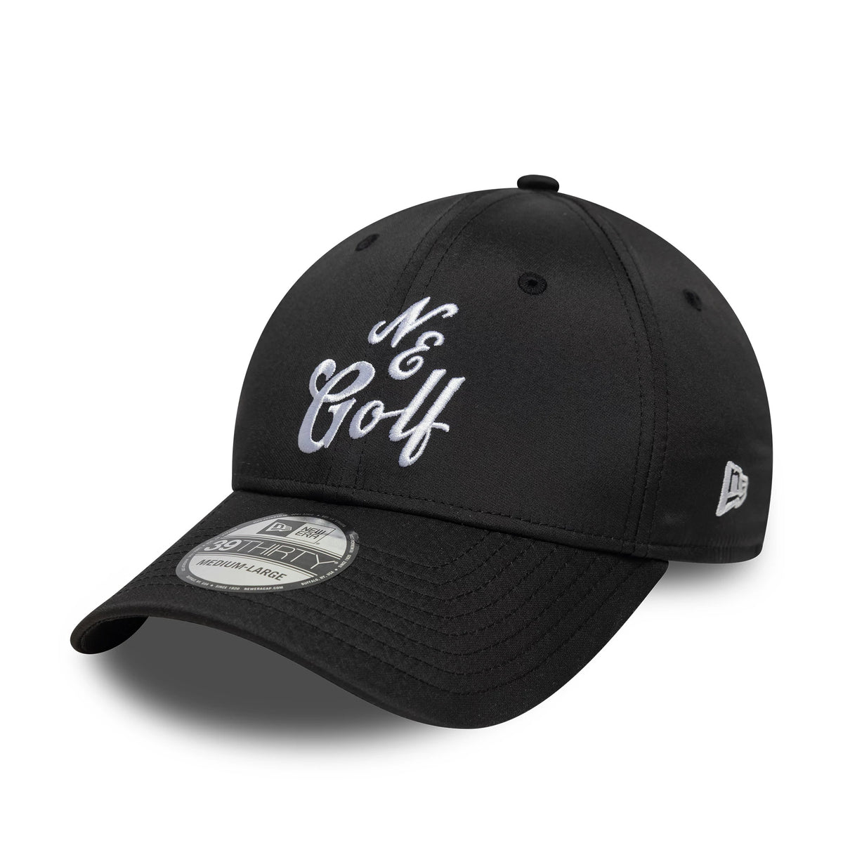 New Era Technical Black 39THIRTY Stretch Fit Cap, three-quarter view showing the white NE Golf embroidery on the front panel, black curved visor with a 39THIRTY size sticker, and New Era flag logo on the left side.