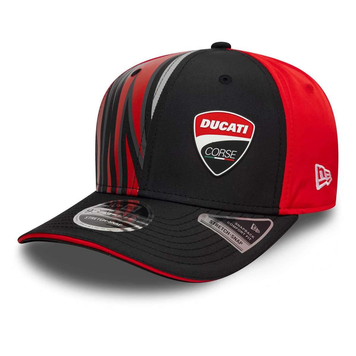 Ducati Motor Logo Print Black New Era 9SEVENTY Stretch Snap Cap, three-quarter view showing the Ducati Corse logo in red, white, and black on the front panel, with a dynamic red and black graphic design across the side.