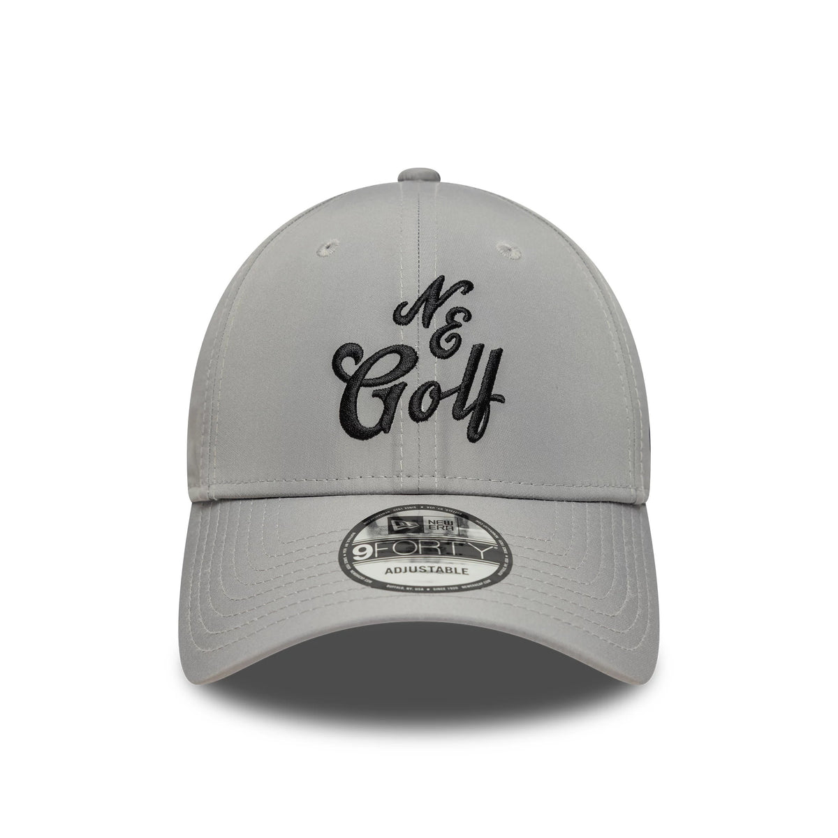 New Era Technical Grey 9FORTY Adjustable Cap, front view showing black embroidered N & Golf logo centred on the grey structured crown, with a curved visor and a 9FORTY size sticker on the visor.