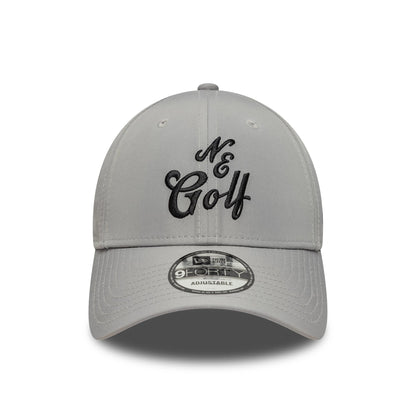 New Era Technical Grey 9FORTY Adjustable Cap, front view showing black embroidered N & Golf logo centred on the grey structured crown, with a curved visor and a 9FORTY size sticker on the visor.