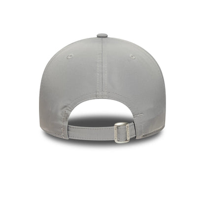 New Era Technical Grey 9FORTY Adjustable Cap, rear view showing a plain grey back with stitched eyelets on each panel, grey top button, and an adjustable strap with buckle at the opening.