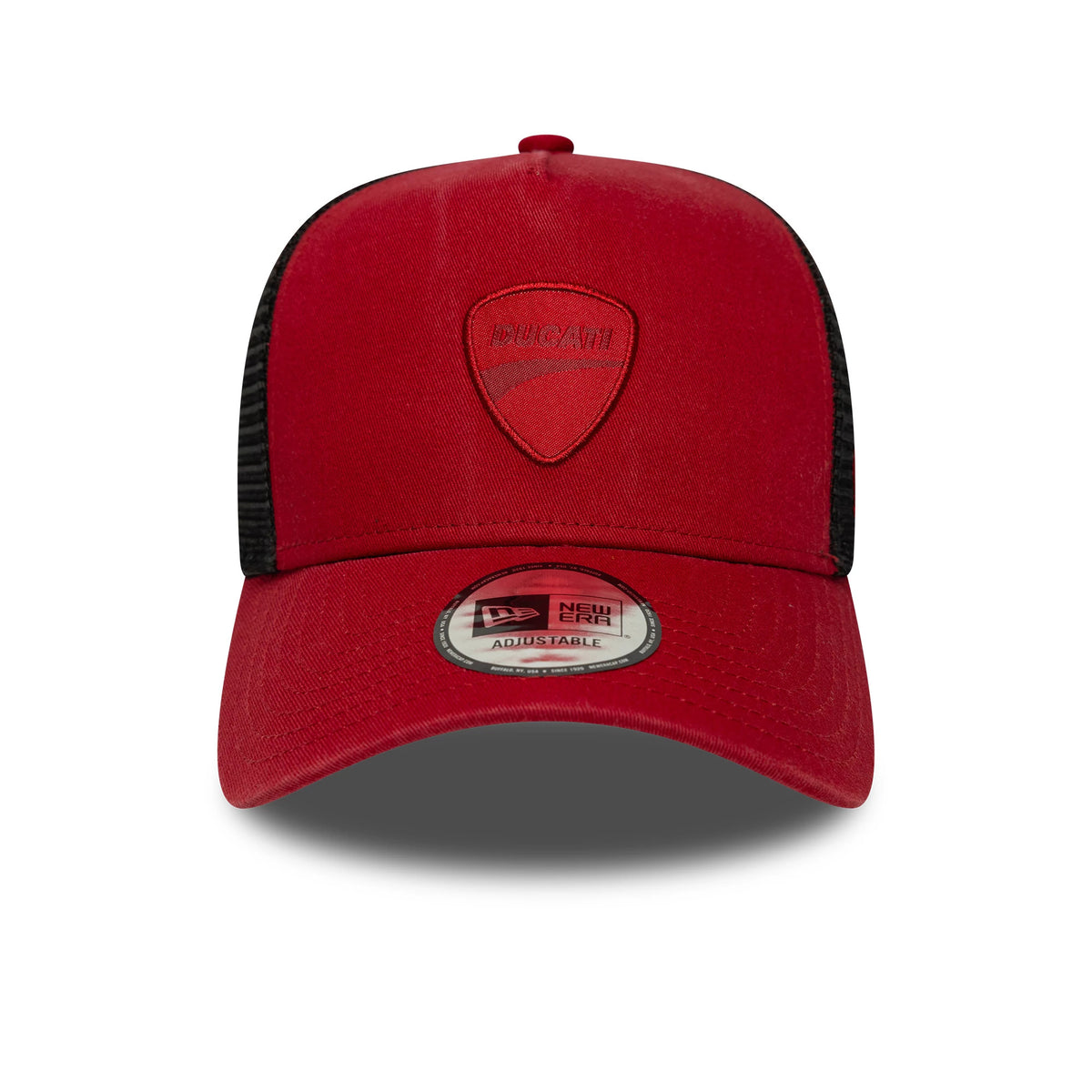 Ducati Motor Logo Dark Red New Era 9FORTY E-Frame Trucker Cap, front view showing the raised embroidered Ducati shield logo on the red front panel, with a black mesh back and a 9FORTY size sticker on the red curved visor.