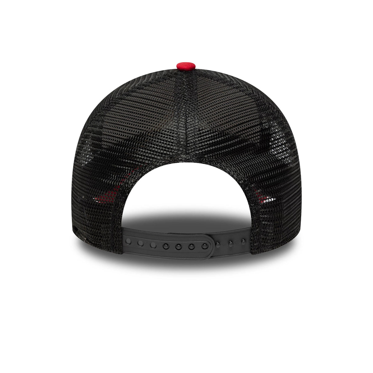 Ducati Motor Logo Dark Red New Era 9FORTY E-Frame Trucker Cap, rear view showing a black mesh crown with a red top button, an adjustable black snapback closure and the curvature of the structured visor.