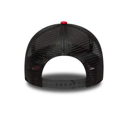 Ducati Motor Logo Dark Red New Era 9FORTY E-Frame Trucker Cap, rear view showing a black mesh crown with a red top button, an adjustable black snapback closure and the curvature of the structured visor.